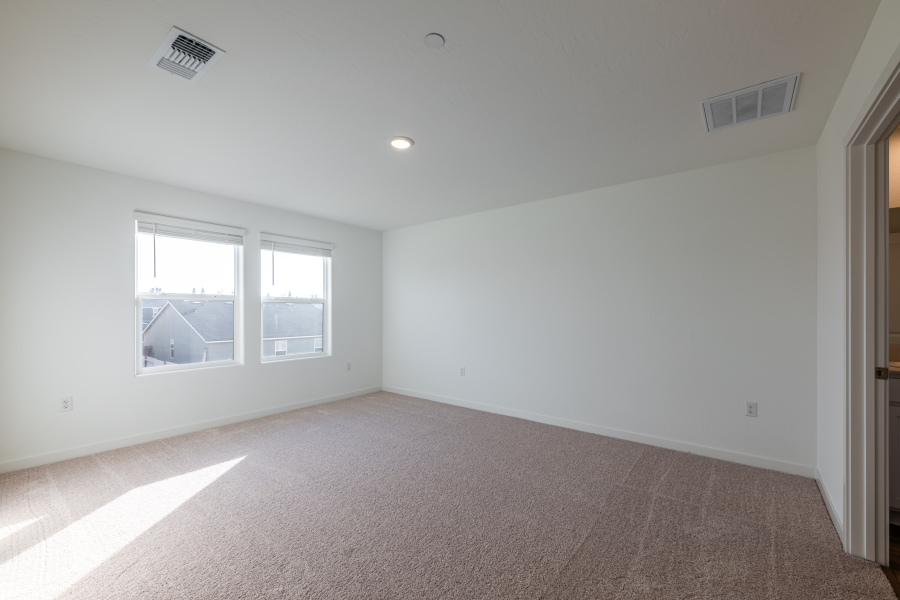 A room with a carpet and windows.