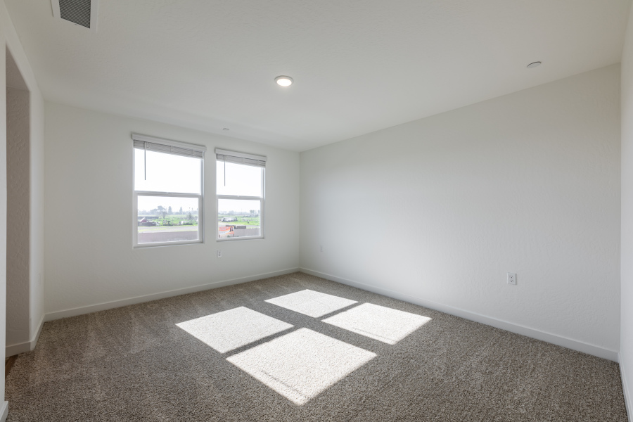 A room with a rug and windows.