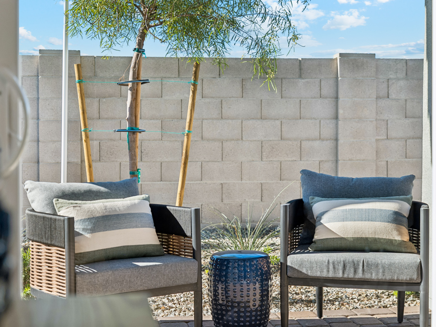 A patio with chairs and a tree.