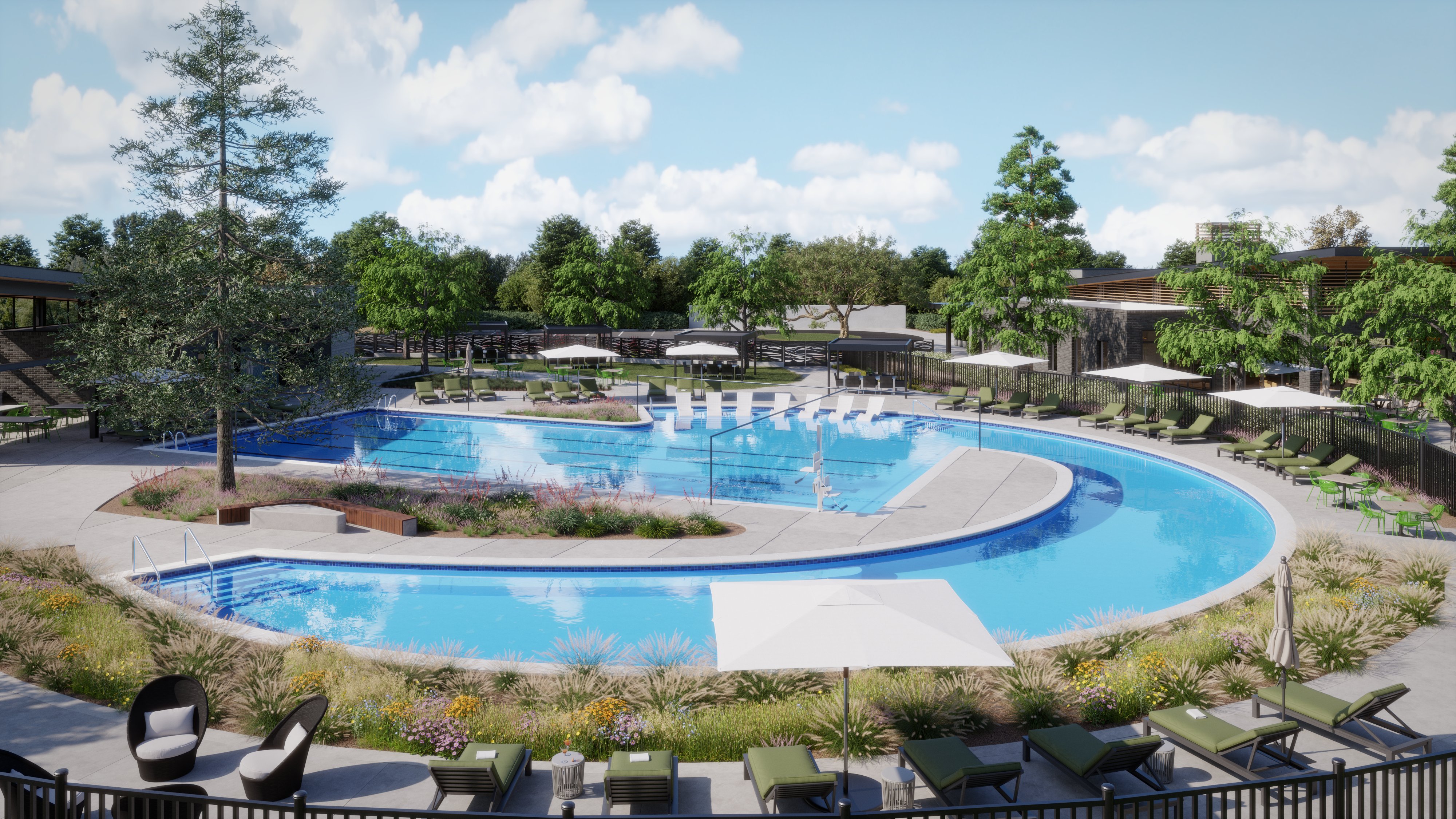 A swimming pool with chairs around it.