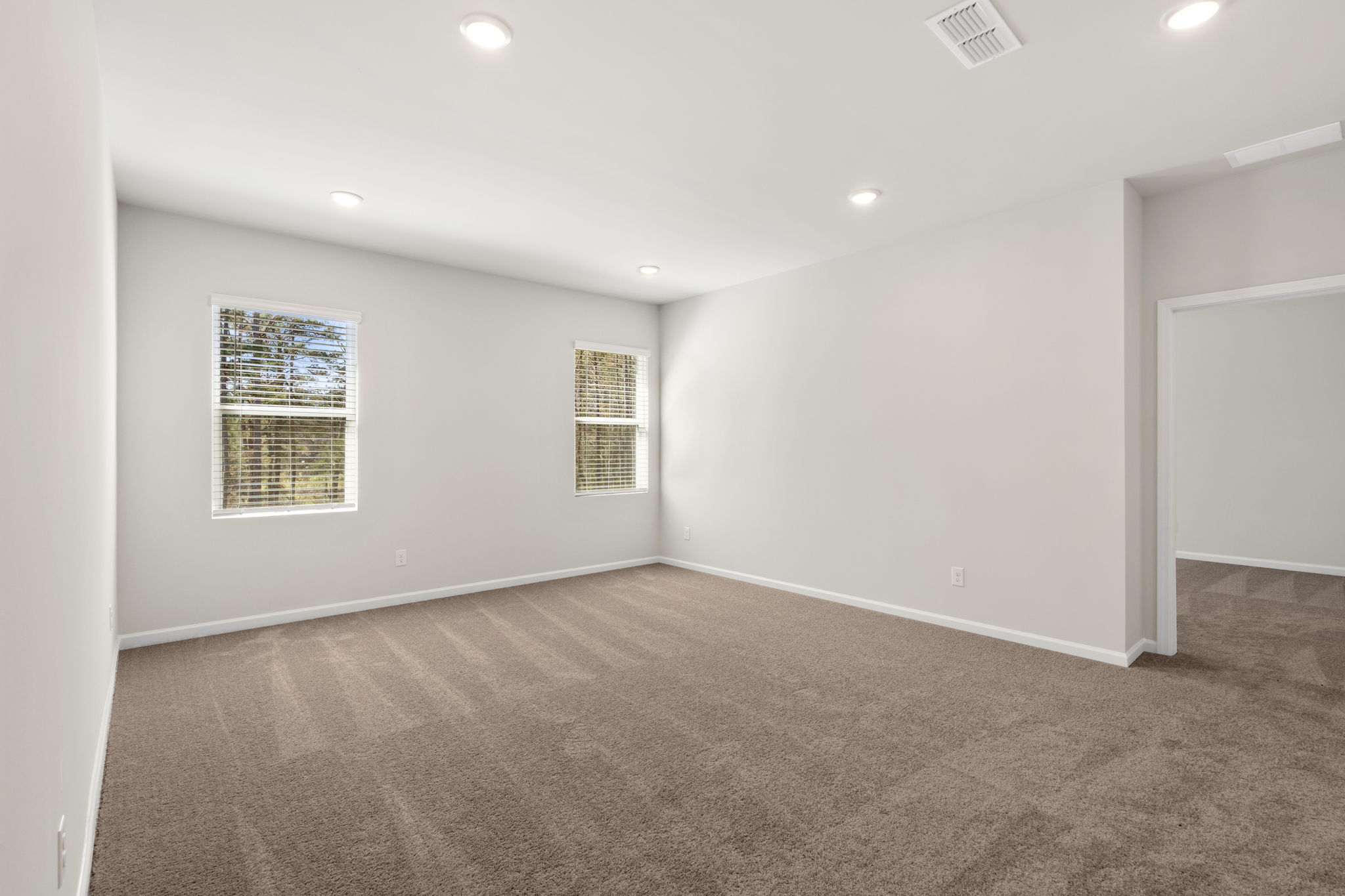 A room with a carpet and a door.