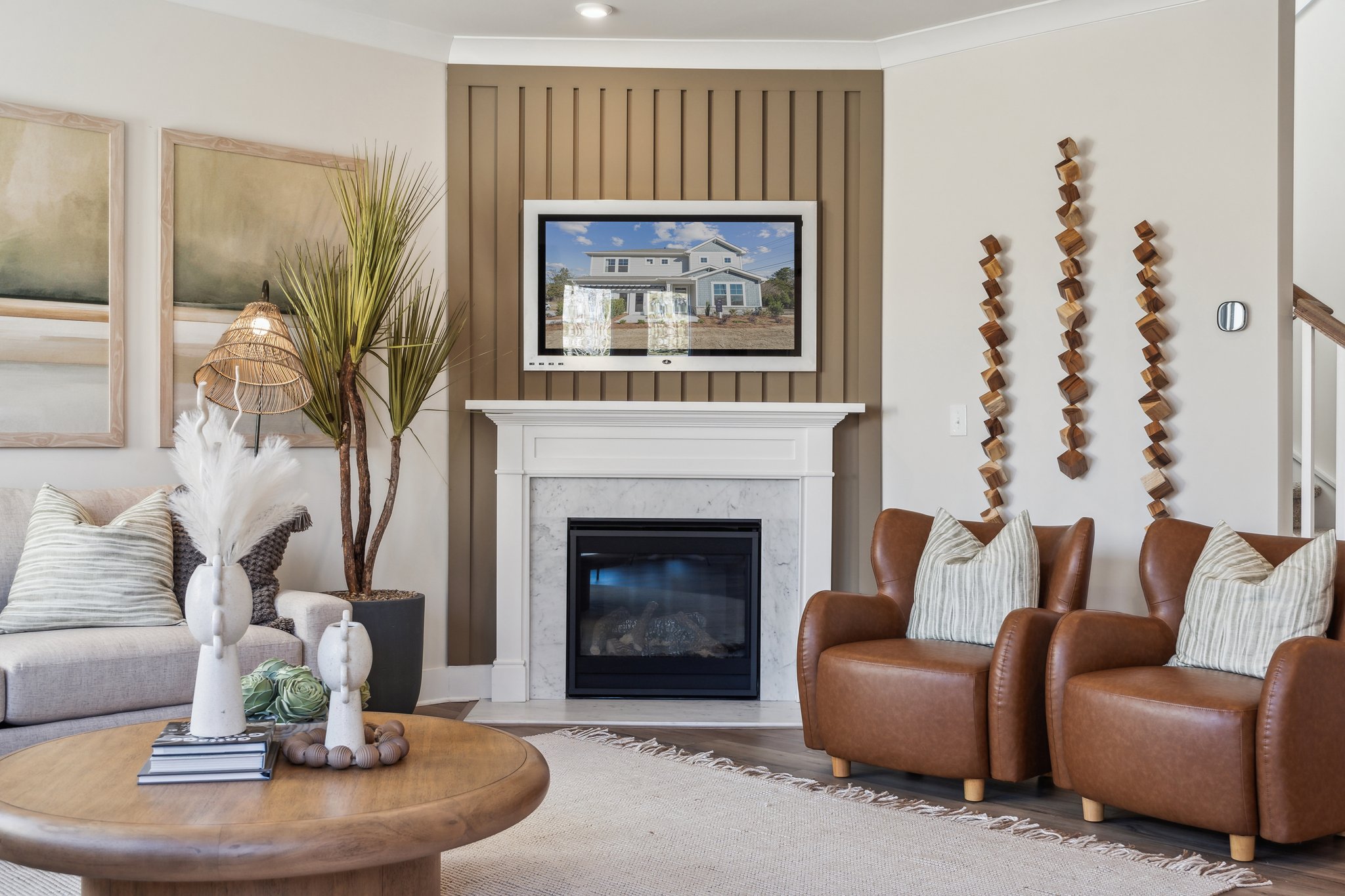 A living room with a fireplace.