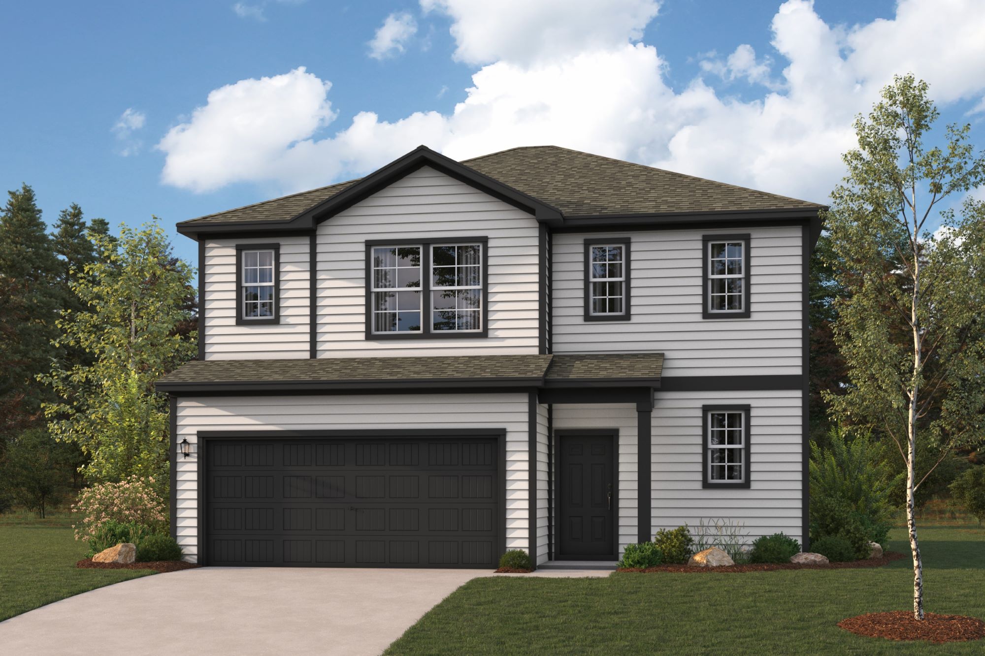 A grey house with a garage.