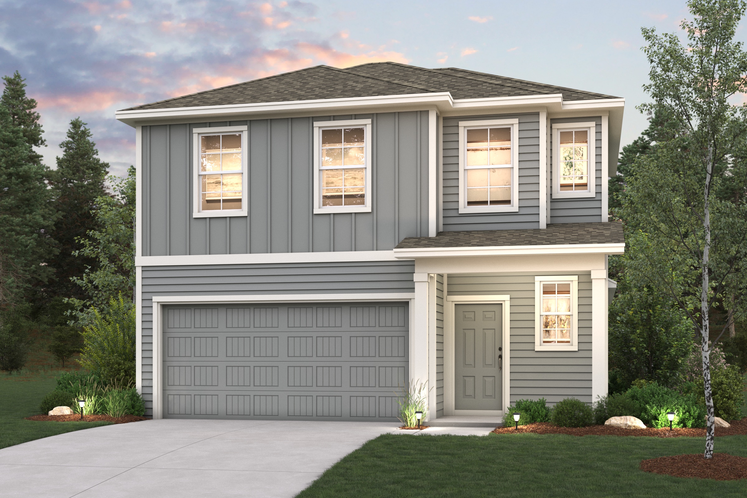 A grey house with a garage.