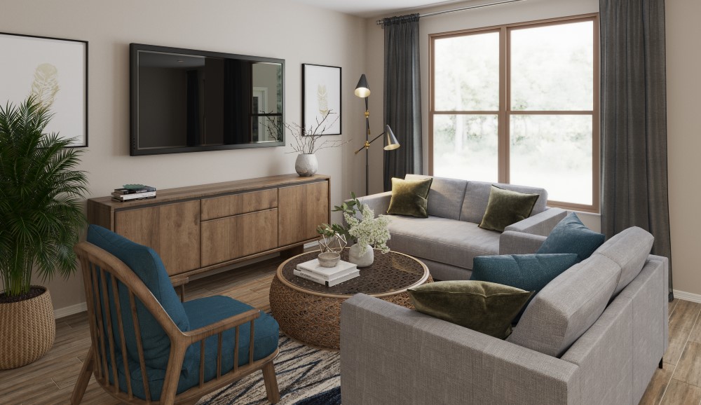 A living room with a couch and a table.