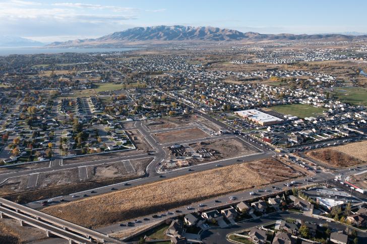 An aerial view of a city.
