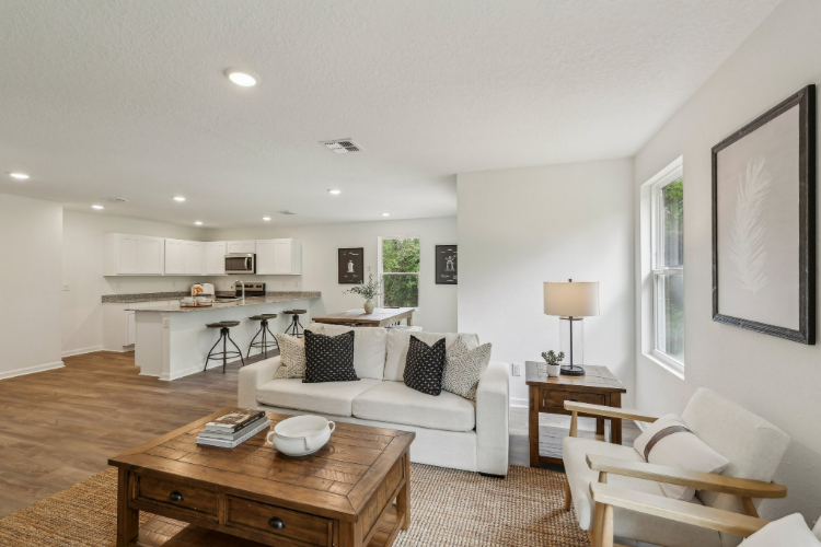 A living room with a large kitchen.