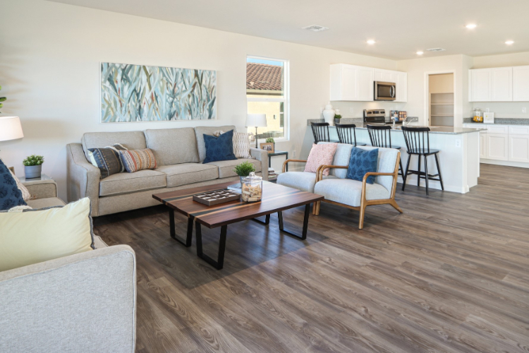 A living room with a wood floor.